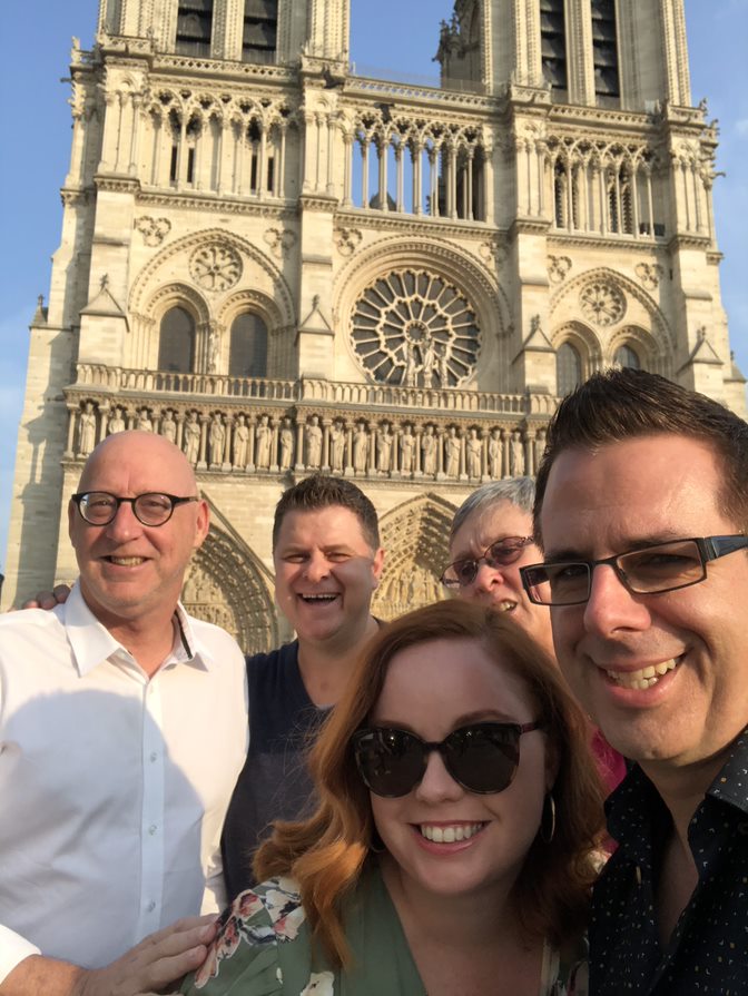Notre Dame in the background with Steve, Travis, Laura, me and Mark.  Jodi had been evacuated due to an unattended bag and we were on our way to find her.