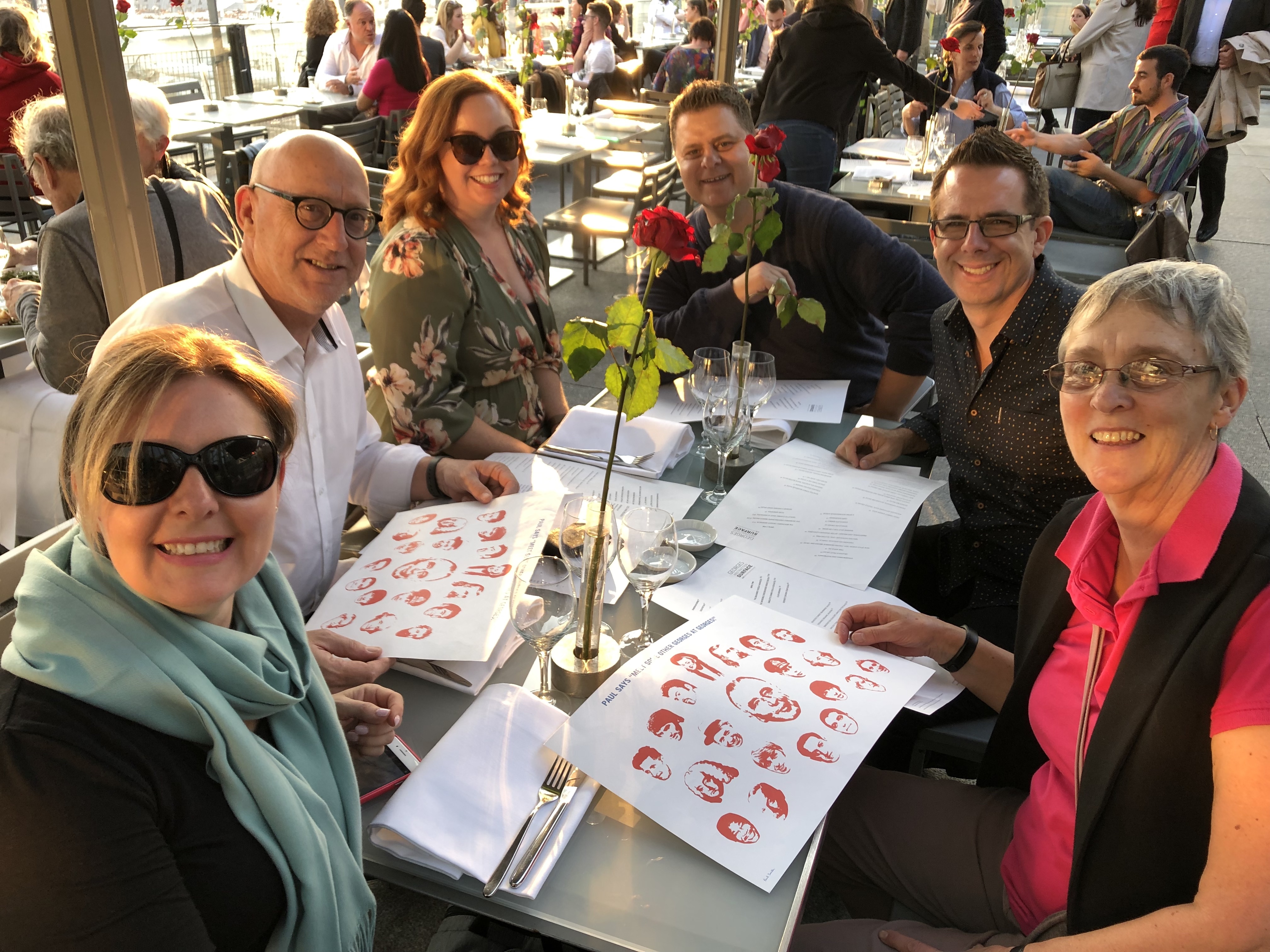 Jodi, Steve, Laura, Travis, Mark and me at Georges. The back of the menu had images of a range of people called George!